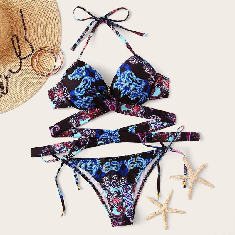 

Random Paisley Wrap Underwired Top With Tie Side Bikini, Multicolor