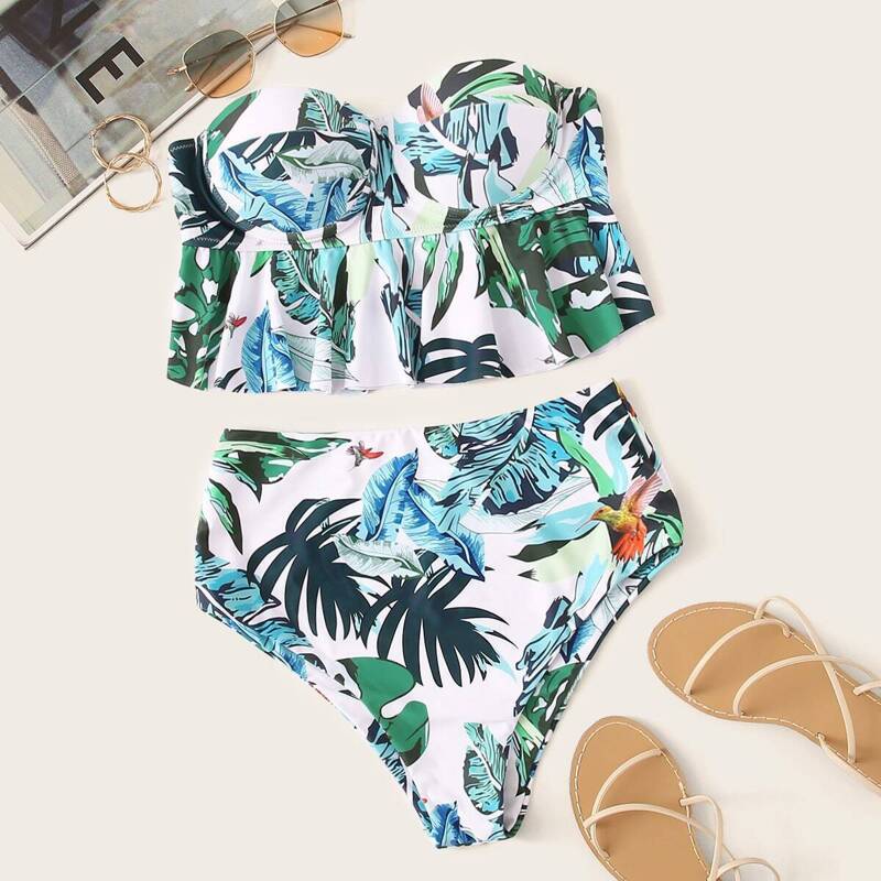 

Random Tropical Bustier Bandeau With High Waist Tankini, Multicolor