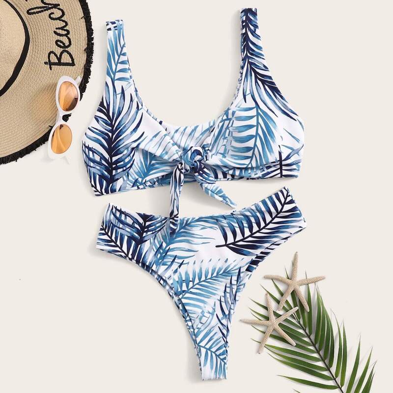 

Random Leaf Knot Top With High Waist Bikini, Multicolor