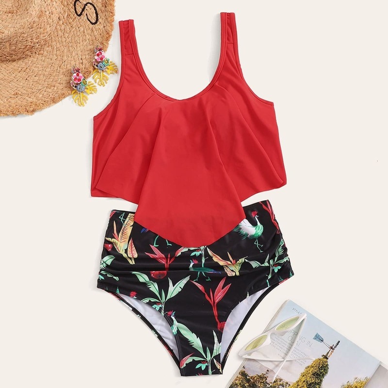 

Floaty Top With Random Tropical Print Bikini, Multicolor