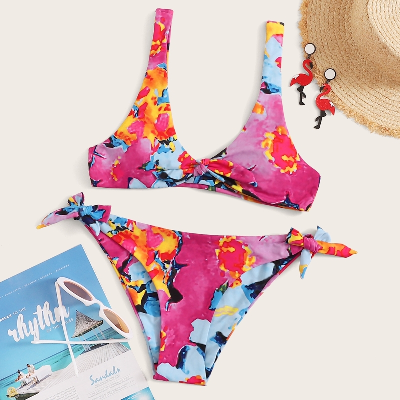 

Random Watercolor Knot Front Top With Tie Side Bikini, Multicolor