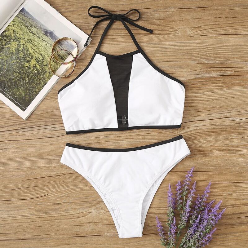 

Contrast Mesh Halter Top With Panty Bikini Set, Black and white