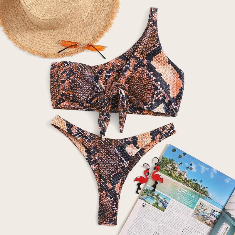 

Snakeskin One Shoulder Top With High Cut Bikini, Multicolor