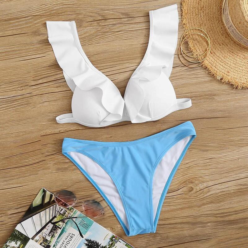 

Two Tone Ruffle Top With High Cut Bikini, Multicolor