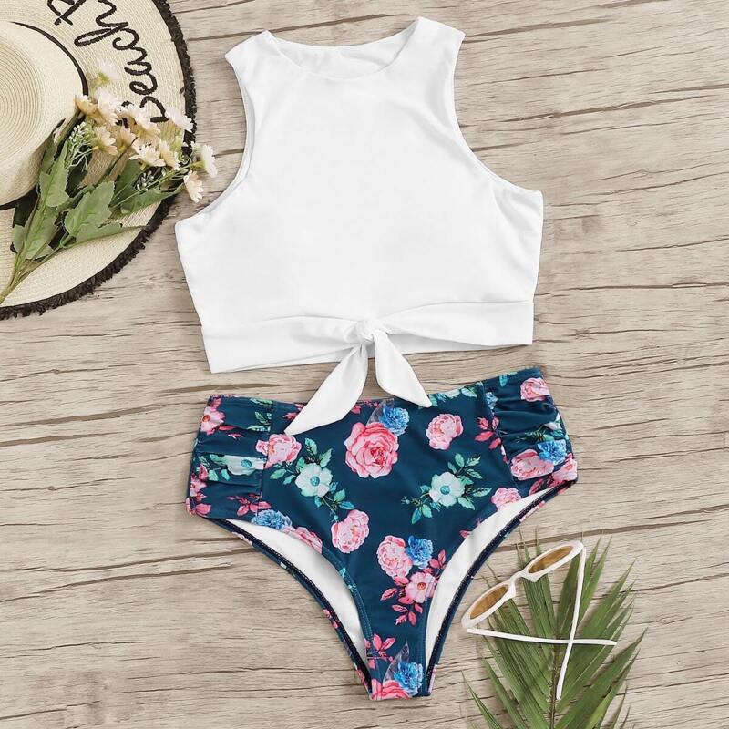 

Knot Hem Top With Random Floral Bikini Set, Multicolor