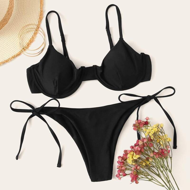 

Underwired Cami Top With Tie Side Bikini Set, Black