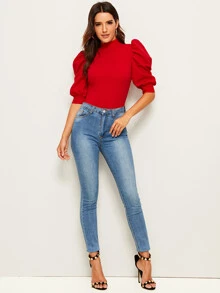 Mulvari Mock Neck Puff Sleeve Top - Red - View 3