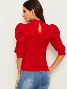 Mulvari Mock Neck Puff Sleeve Top - Red - View 2