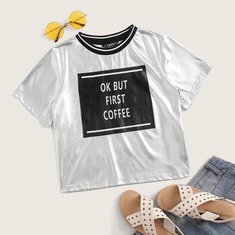 

Slogan Graphic Metallic Top, Silver