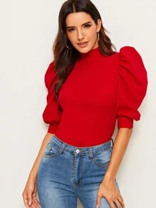 Mulvari Mock Neck Puff Sleeve Top - Red - View 1