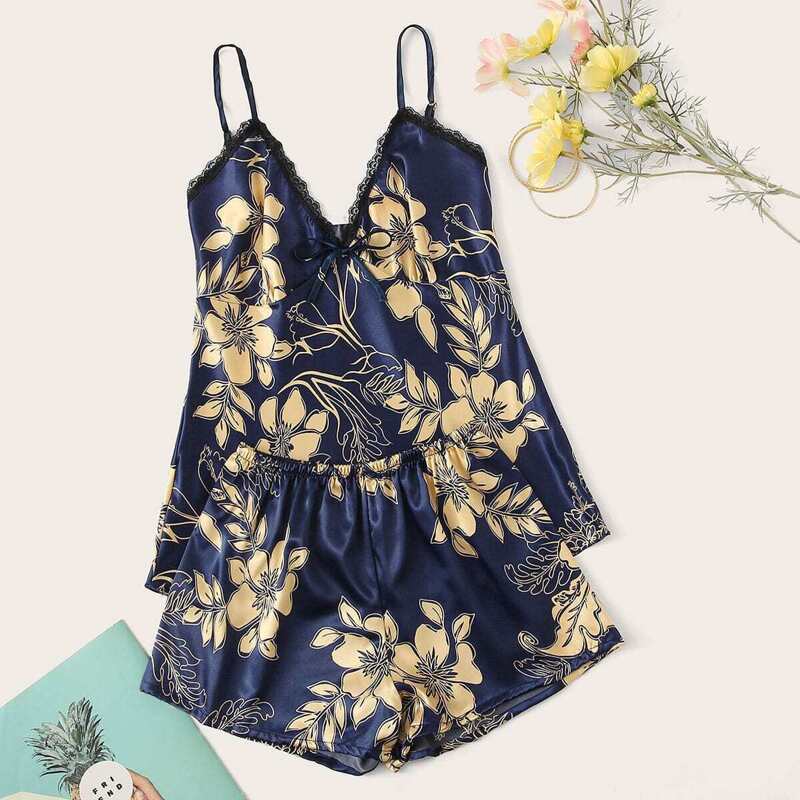 

Floral Print Lace Trim Satin Cami PJ Set, Multicolor