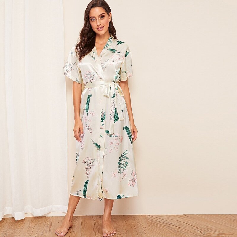 

Floral Print Belted Satin Robe, Multicolor