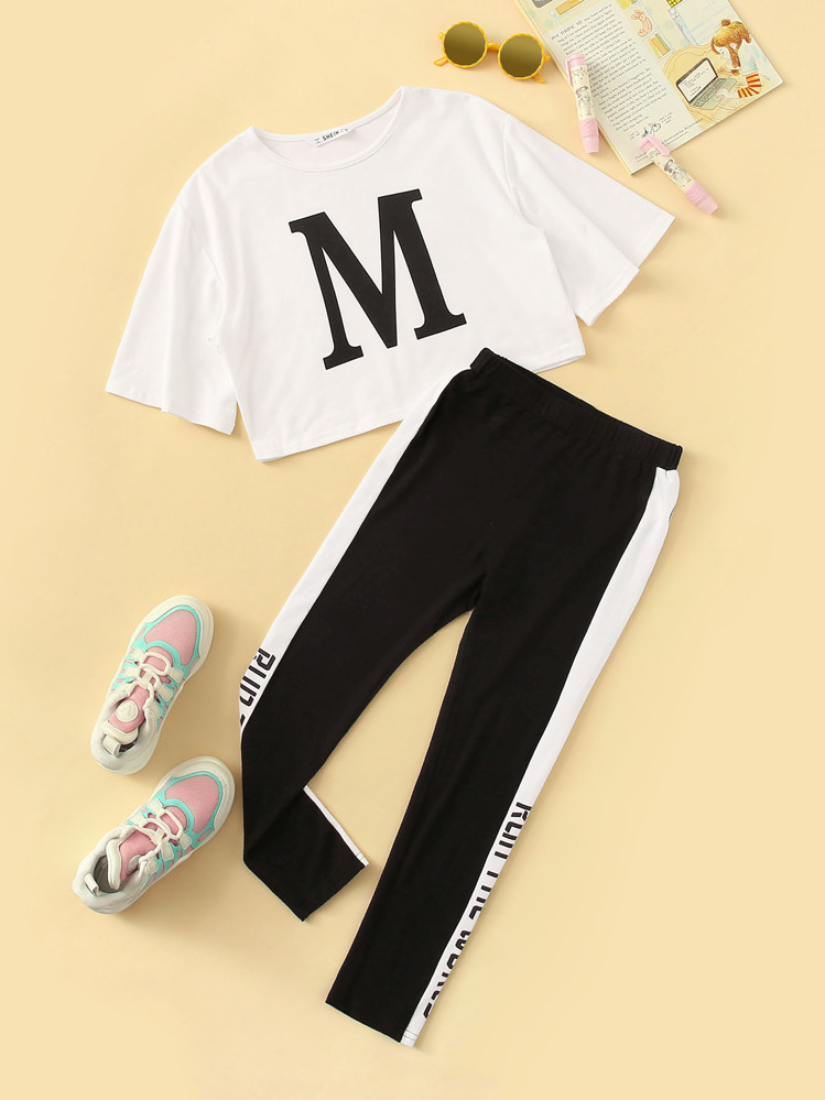 SHEIN Tween Girl Letter Graphic Top & Contrast Side Pants Set - Black and White - View 1