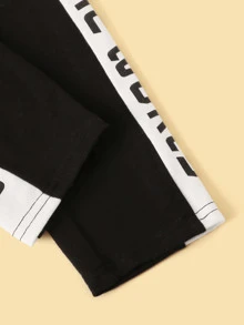 SHEIN Girls Letter Print Top & Contrast Side Trousers Set - Black and White - View 4