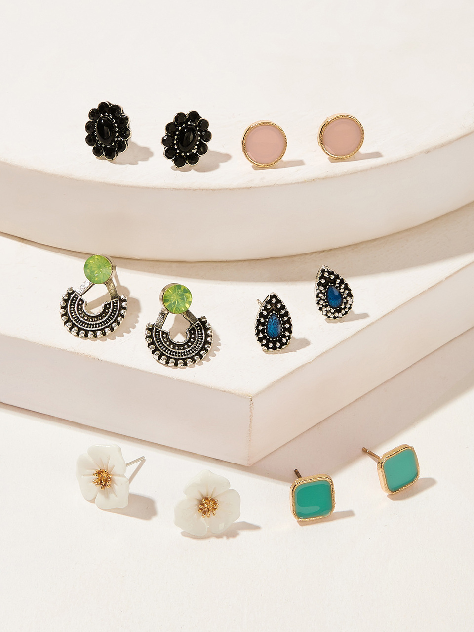 Flower & Triangle Detail Stud Earrings 6pairs