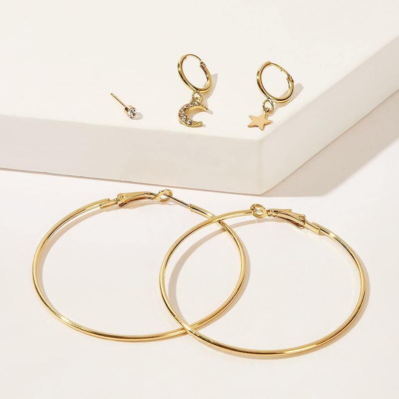 

Star & Moon Detail Oversize Hoop Earrings 5pcs, Gold
