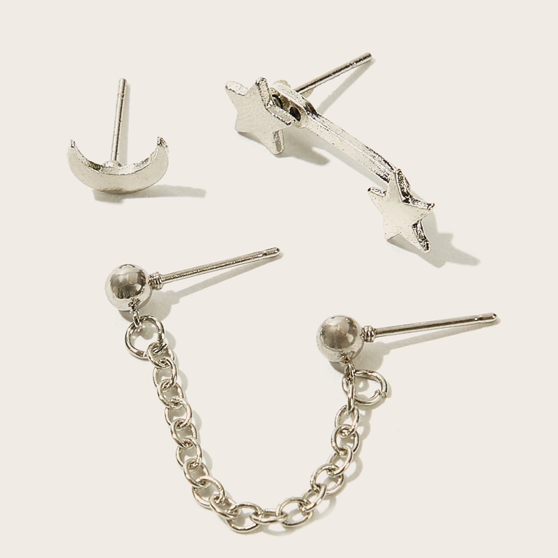 

Moon & Star Detail Stud Earrings 3pcs, Silver