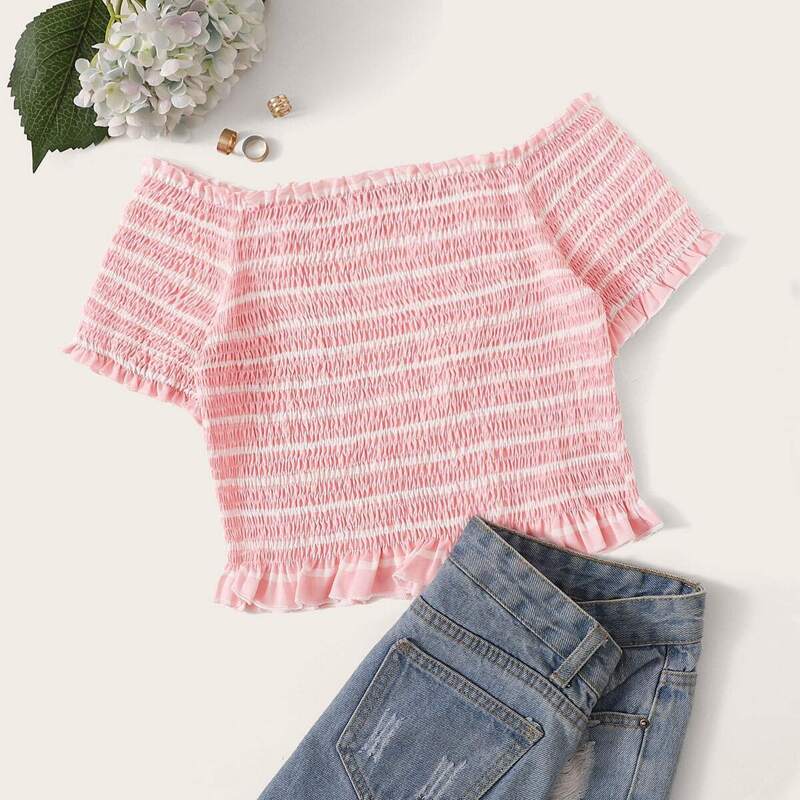 

Striped Off The Shoulder Shirred Blouse, Pink