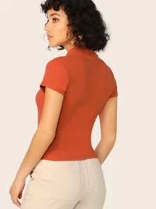 SHEIN Essnce Top Ajustado De Punto Acanalado De Cuello Alto Y Ajustado - Naranja Quemada - Ver 2