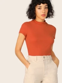 SHEIN Essnce Top Ajustado De Punto Acanalado De Cuello Alto Y Ajustado - Naranja Quemada - Ver 3
