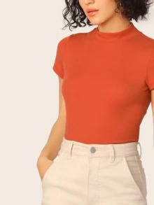 SHEIN Essnce Top Ajustado De Punto Acanalado De Cuello Alto Y Ajustado - Naranja Quemada - Ver 4