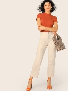 SHEIN Essnce Top Ajustado De Punto Acanalado De Cuello Alto Y Ajustado - Naranja Quemada - Ver 5