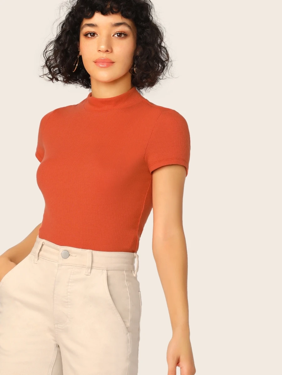 SHEIN Essnce Top Ajustado De Punto Acanalado De Cuello Alto Y Ajustado - Naranja Quemada - Ver 1
