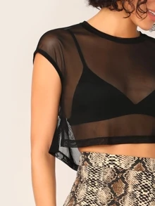 SHEIN Crop Mesh Top Without Bra - Black - View 4