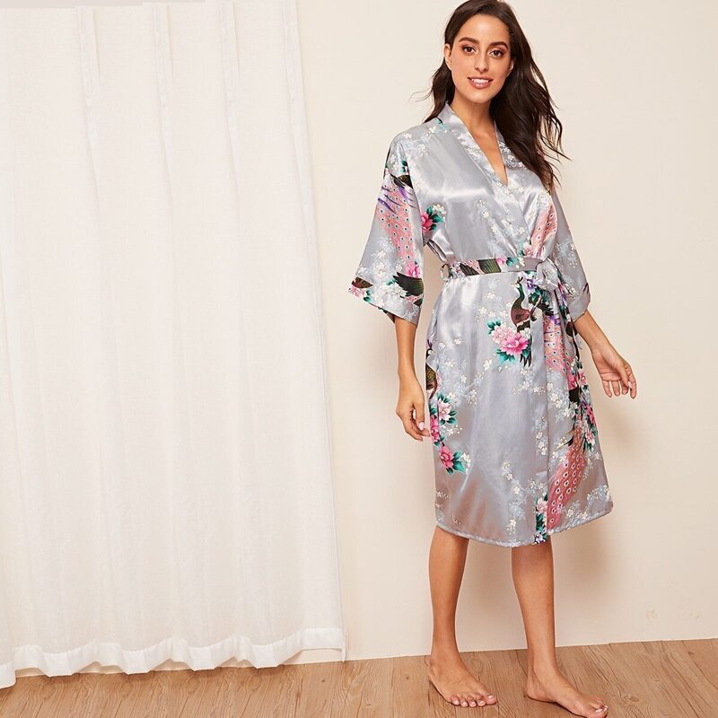 

Peacock & Flower Print Satin Belted Robe, Multicolor