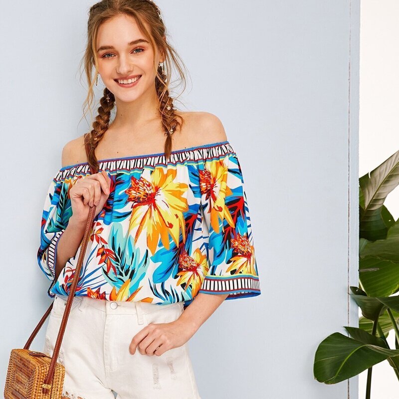 

Tribal Floral Print Off Shoulder Blouse, Multicolor