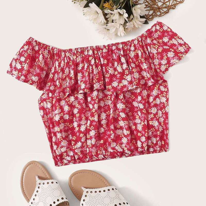 

Ditsy Floral Ruffle Trim Off Shoulder Blouse, Red