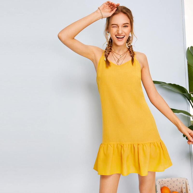 

Solid Ruffle Hem Cami Dress, Yellow