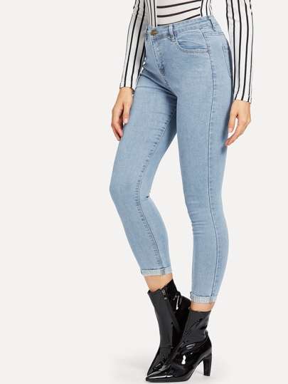 Letter Embroidered Roll Up Jeans