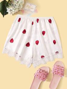 Strawberry Print Lace Panel Shorts