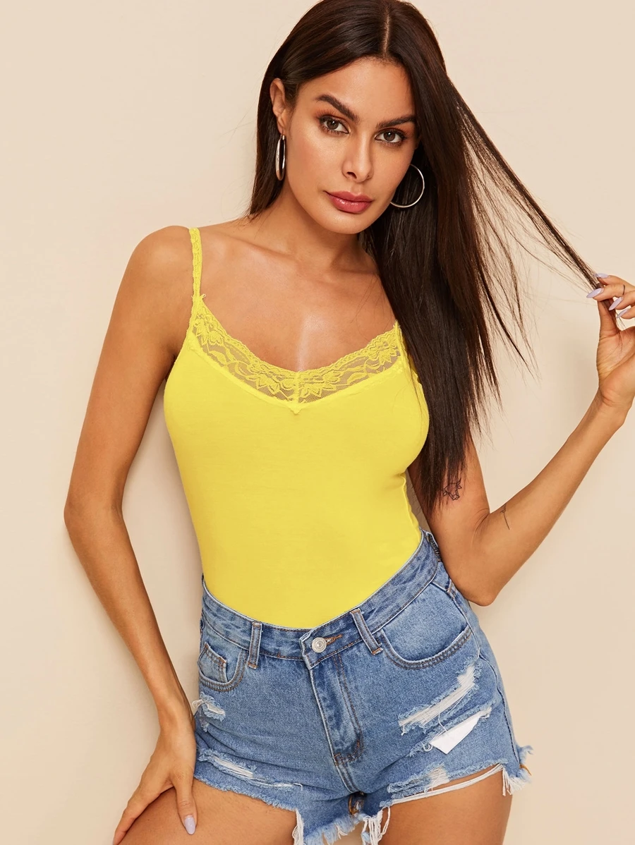 SHEIN Neon Yellow Lace Trim Cami Top - Yellow - View 1