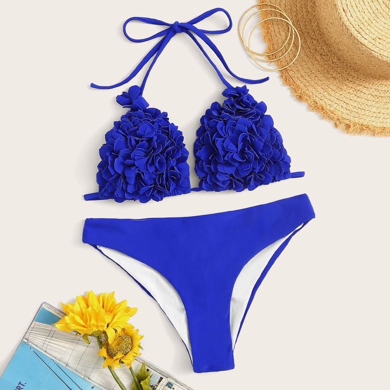 

Flower Applique Triangle Bikini Set, Blue bright