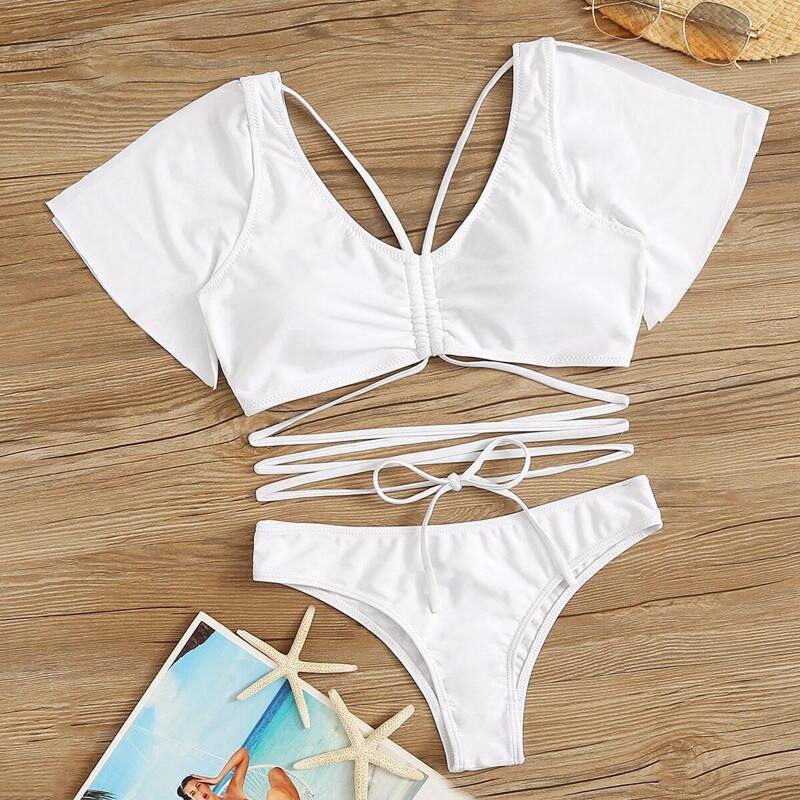 

Split Sleeve Drawstring Top With Panty Bikini Set, White