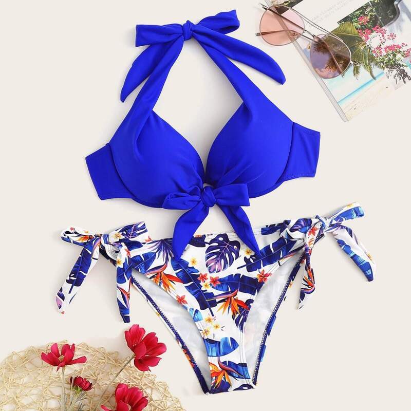 

Halter Underwired Tie Side Bikini Swimsuit, Multicolor