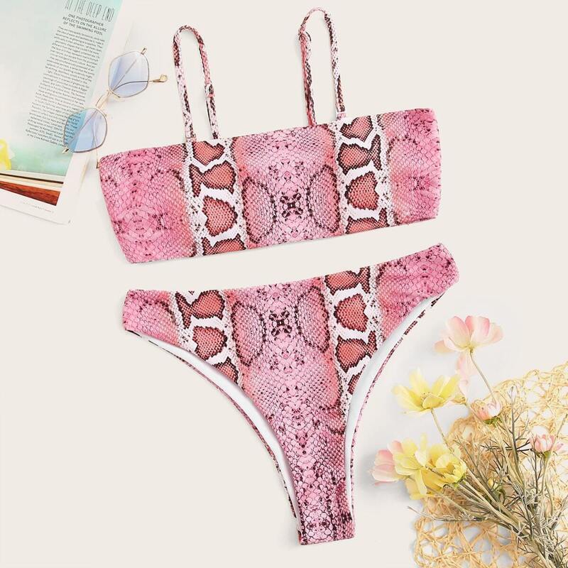 

Snakeskin Spaghetti Strap Top With High Waist Bikini Set, Pink pastel