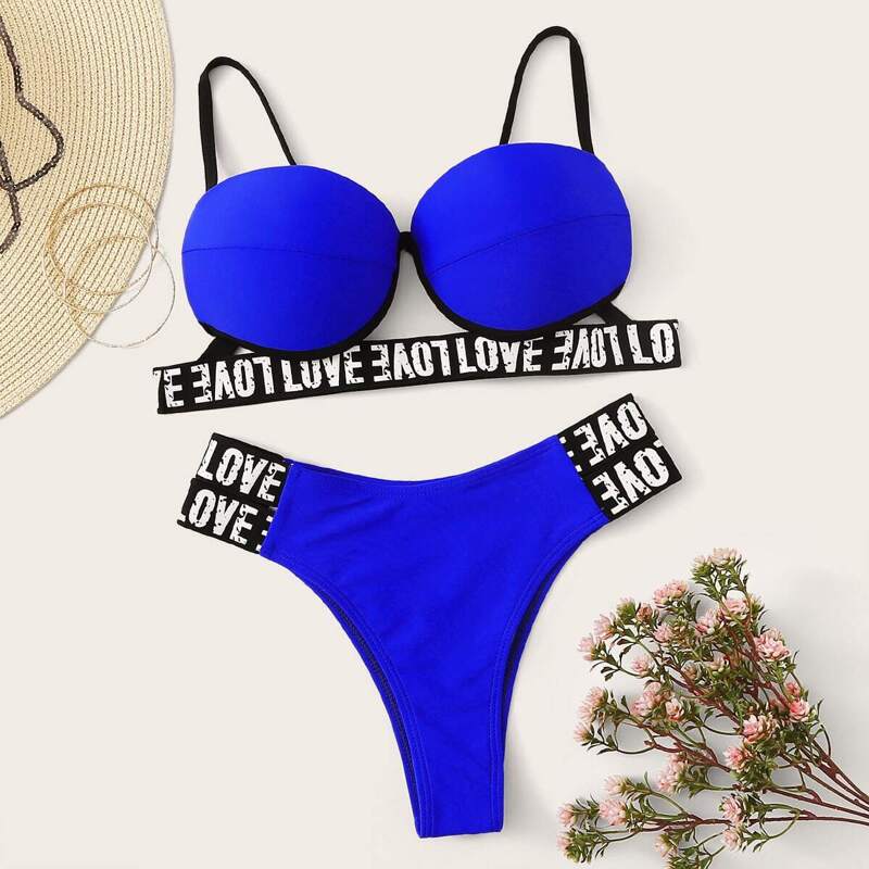 

Letter Tape Underwired Top With Cut-out Bikini Set, Blue bright