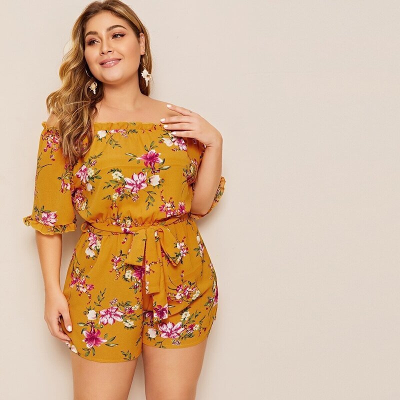 

Plus Off Shoulder Floral Print Romper, Yellow