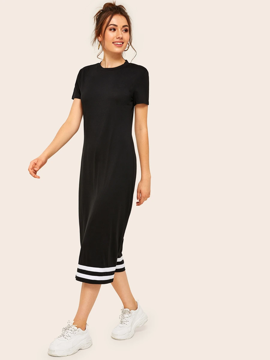 Mulvari Contrast Striped T-shirt Midi Dress - Black - View 1