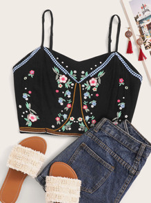 Floral Embroidery Shirred Cami Top