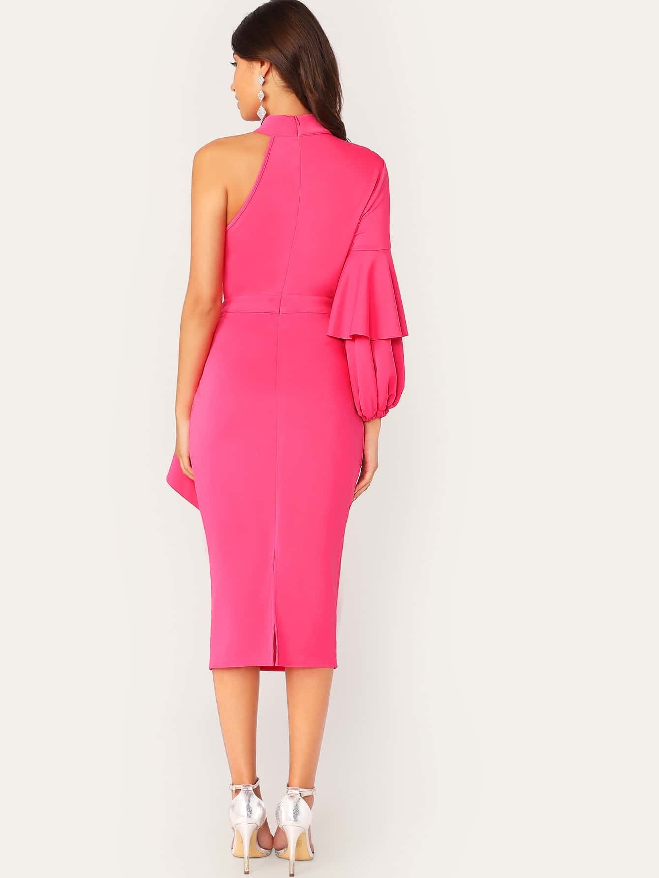 Neon Pink One Shoulder Exaggerated Ruffle Pencil Dress SHEIN UK