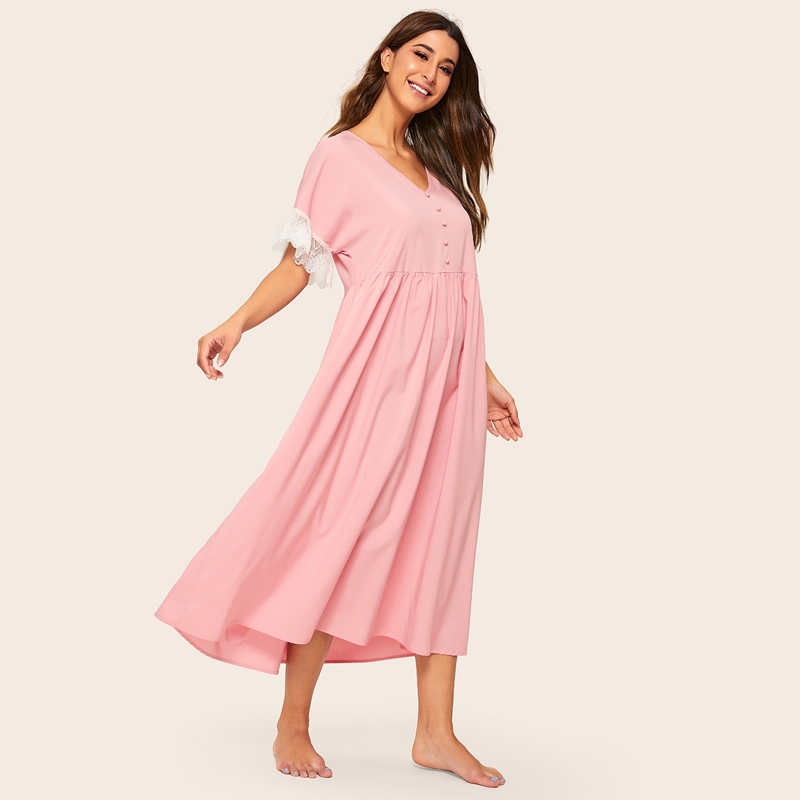 

V-neck Contrast Lace Button Front Night Dress, Pink