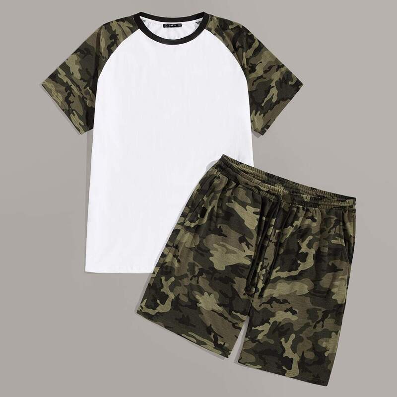 

Guys Raglan Sleeve Camo Print Tee & Track Shorts Set, Multicolor
