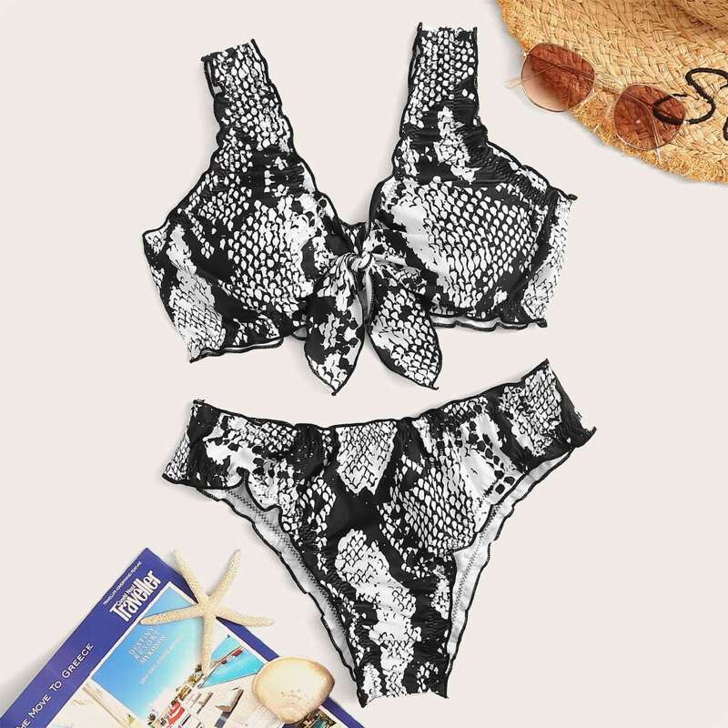 

Snakeskin Lettuce Trim Tie Front Bikini Set, Black and white