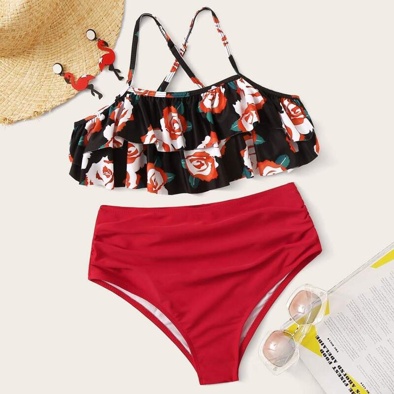 

Random Floral Layered Ruffle Top With Ruched Bikini Set, Multicolor
