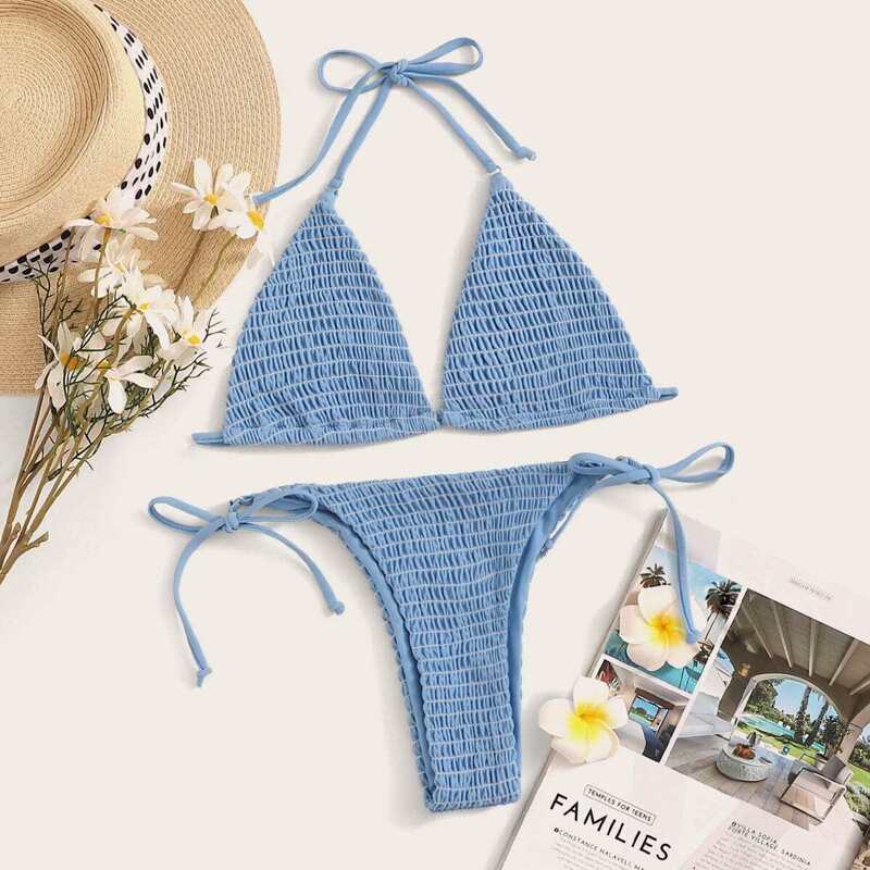 

Smocked Triangle Halter Top With Tie Side Bikini, Blue pastel