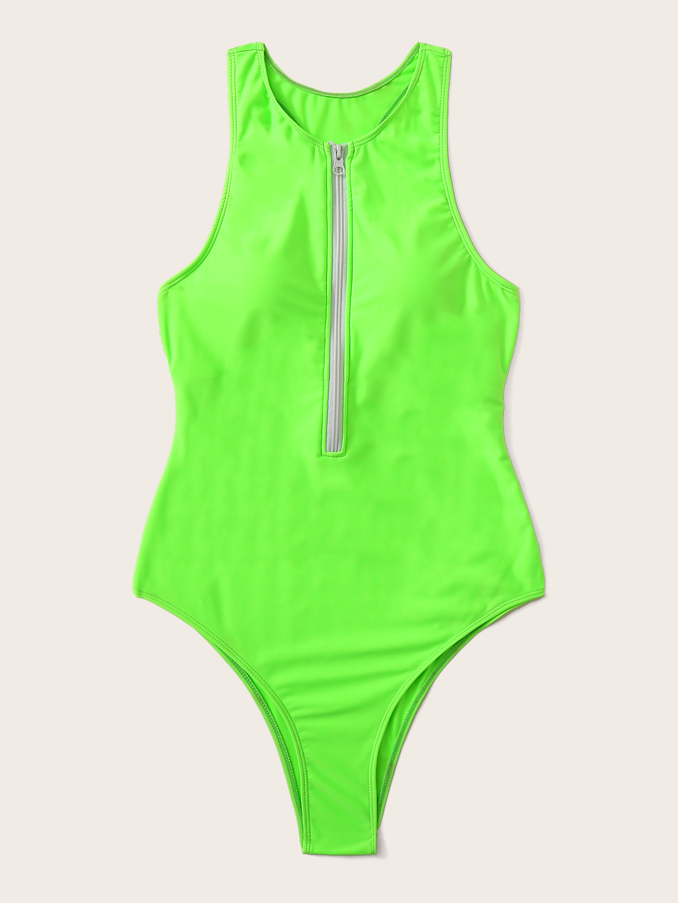 Neon Green Zipperup Racerback One Piece Swimsuit ROMWE